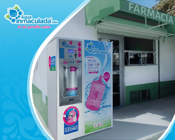 Complementa tu negocio con un Smart Vending de agua purificada Agua Inmaculada, y empieza a generar ingresos extras 24/7.