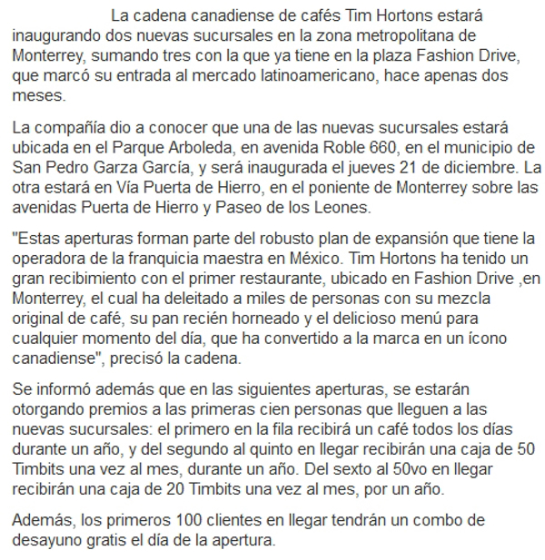 Dos nuevas franquicias Tim Hortons llegan a Nuevo León